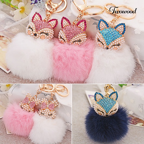 Twowood Hadiah Lucu Bling Berlian Imitasi Rubah Kelinci Fluffy Ball Gantungan Kunci Mobil Key Ring Pendant