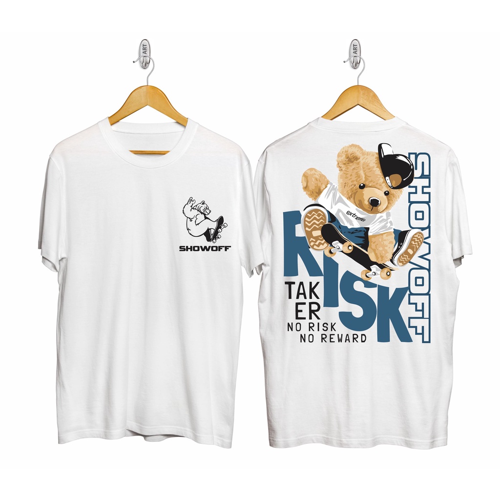 BAJU KAOS TEDDY BEAR SKATE RISK PUTIH / KAOS KATUN / BAJU COWOK / ATASAN PRIA / KAOS SABLON BERUANG 