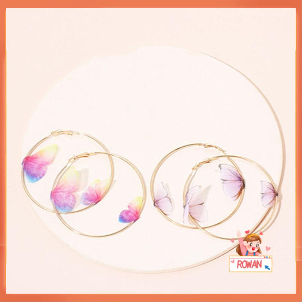 R-flower Double Butterfly Hoop Earrings Pernikahan Pertunangan Pesta Ulang Tahun Lingkaran Besar Elegan Indah Wanita Gadis Multicolor