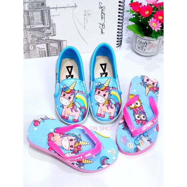 Sepatu Anak Perempuan Paket Sepatu dan Sandal Anak Perempuan Paket Slip On dan Sandal Jepit Anak Perempuan Murah Karakter Unicorn Biru