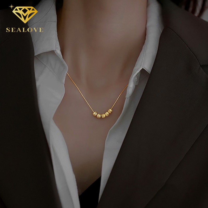 Kalung titanium perak wanita anti karat perhiasan Korea manik-manik keberuntungan