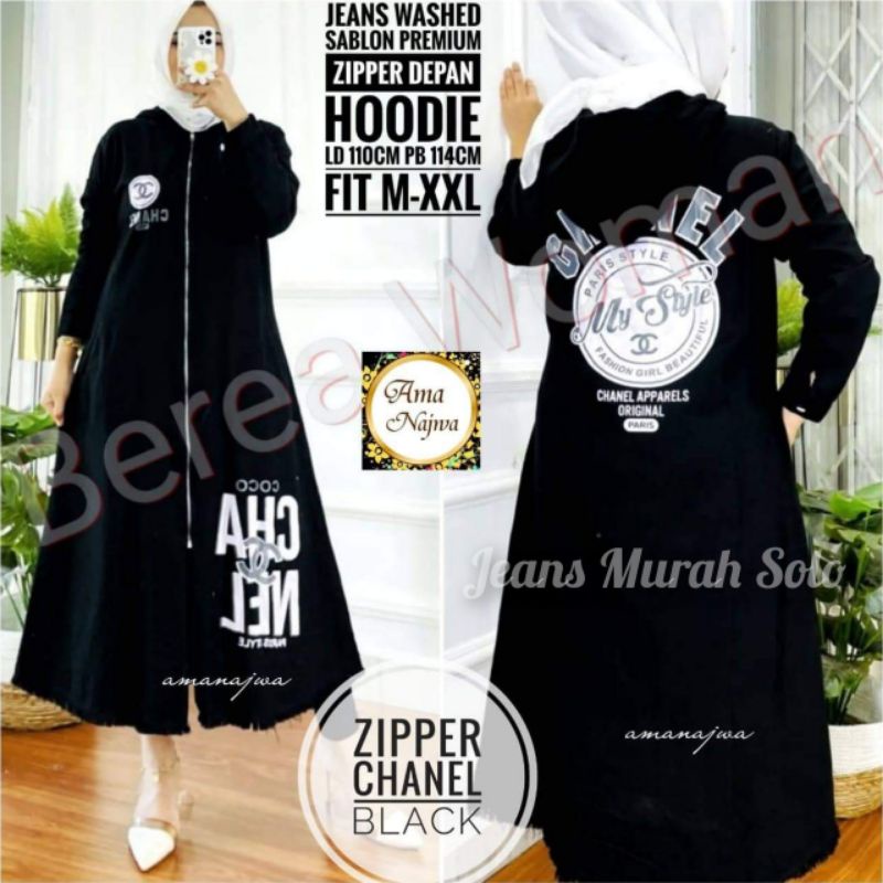 Tunik Jeans Wanita Muslim Jumbo Terbaru Original Ama Najwa Bahan Jeans Ld 110 Pj 114 Zipper Depan  A