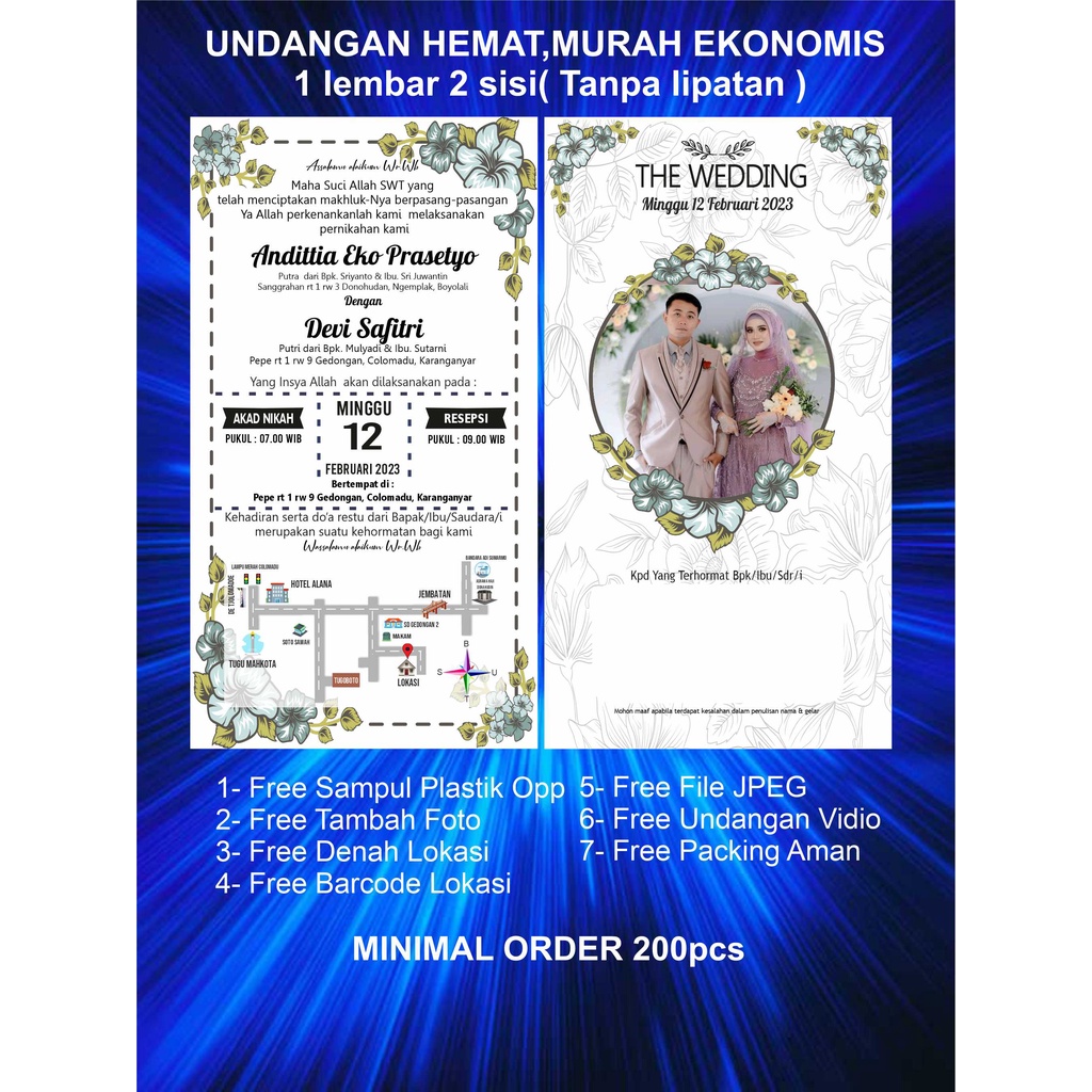 Jual FREE DENAH LOKASI, undangan pernikahan 1 lembar 2 sisi | Shopee