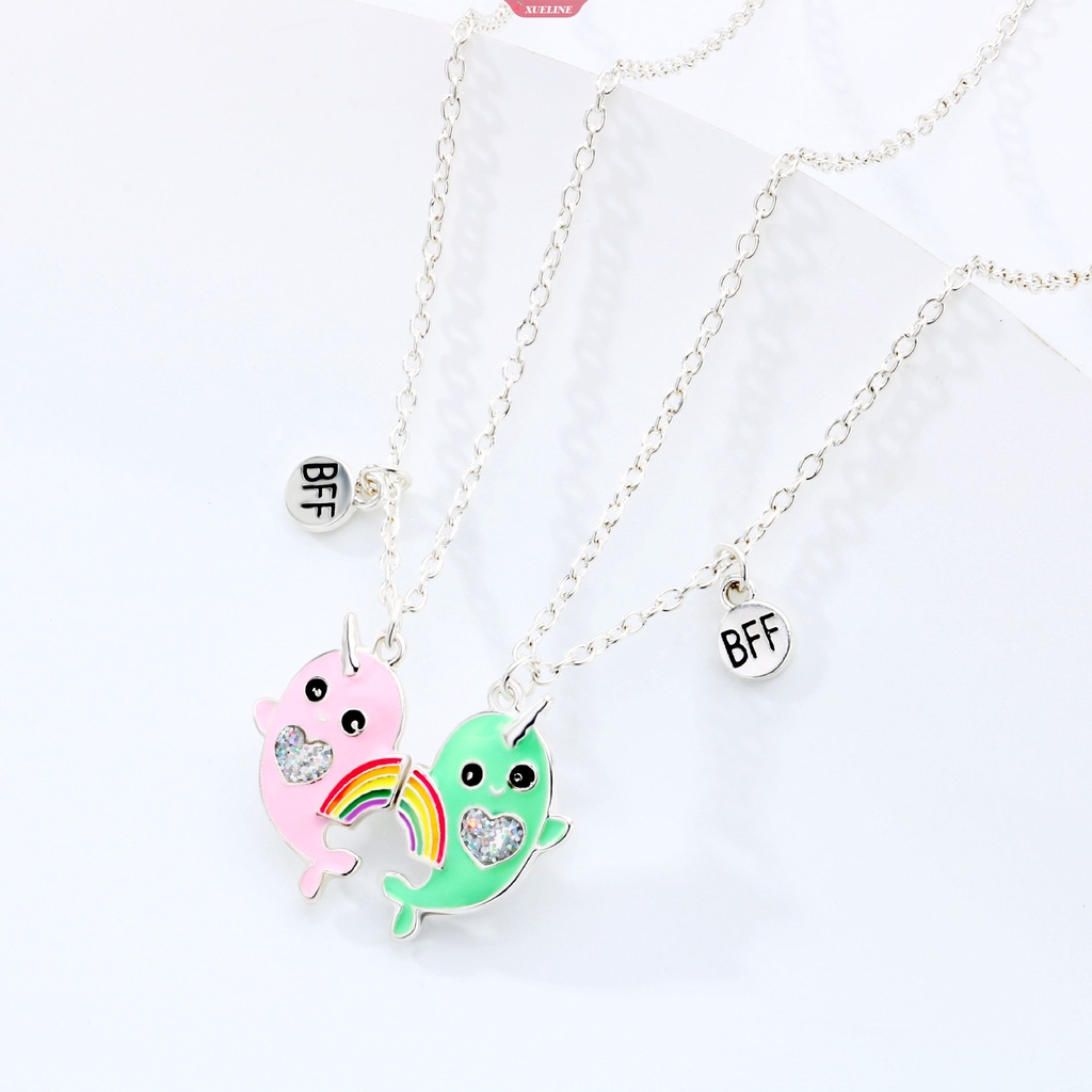 2buah BFF unicorn whale rainbow Kalung set, Cocok Untuk Anak Perempuan Surat best friend forever animal collar jewelry [ZXL]