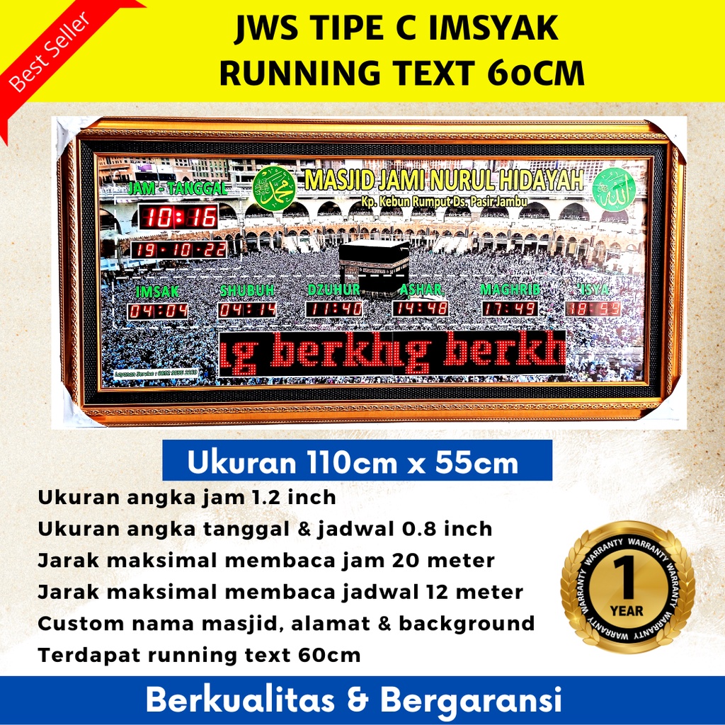 Jual Jam Masjid Jadwal Sholat Digital Ukuran 110 cm x 55 cm Pakai