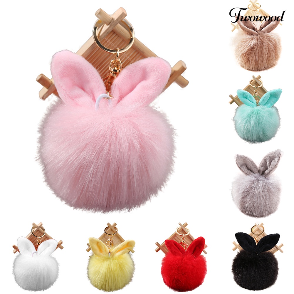 Twowood Cute Faux Fur Rabbit Ear Lembut Pom Pom Ball Kunci Gantungan Rantai Keychain Tas Decor