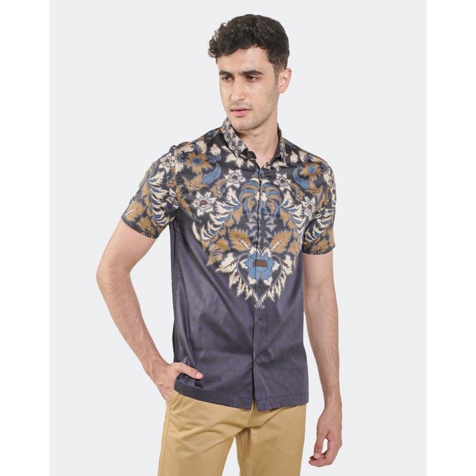 MANZONE Kemeja Batik Pria Lengan Pendek Modern Fit Asoka-Navy