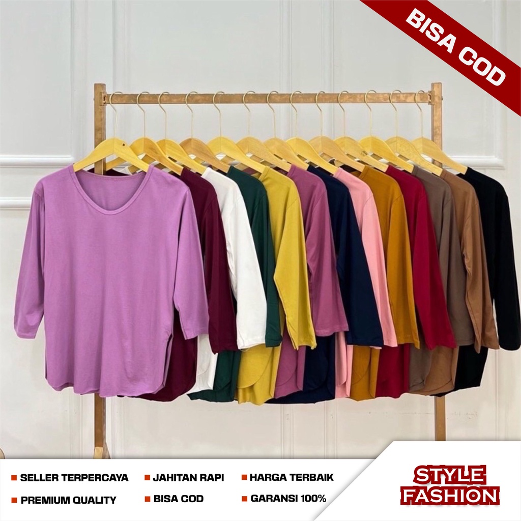 Atasan Baju Kaos Belah Samping Pinggir Polos Wanita Cewek Lengan Panjang 7/8 Bahan Adem Spandek Rayo