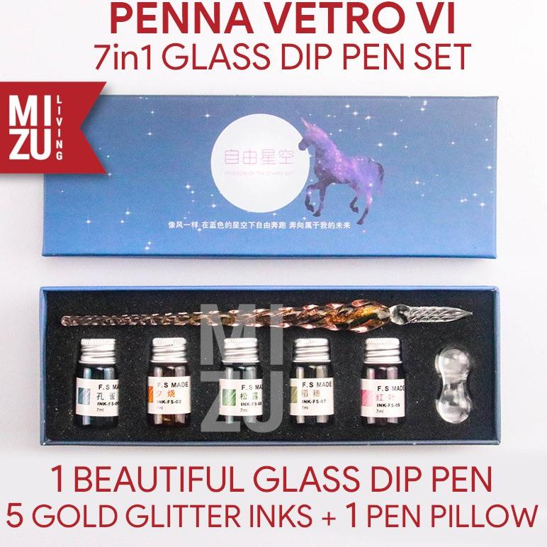 

MIZU PENNA VETRO VI GLASS DIP PEN KACA CALLIGRAPHY SET 5 GOLD GLITTER INK TINTA PEN PILLOW TERLARISS...,,,,,