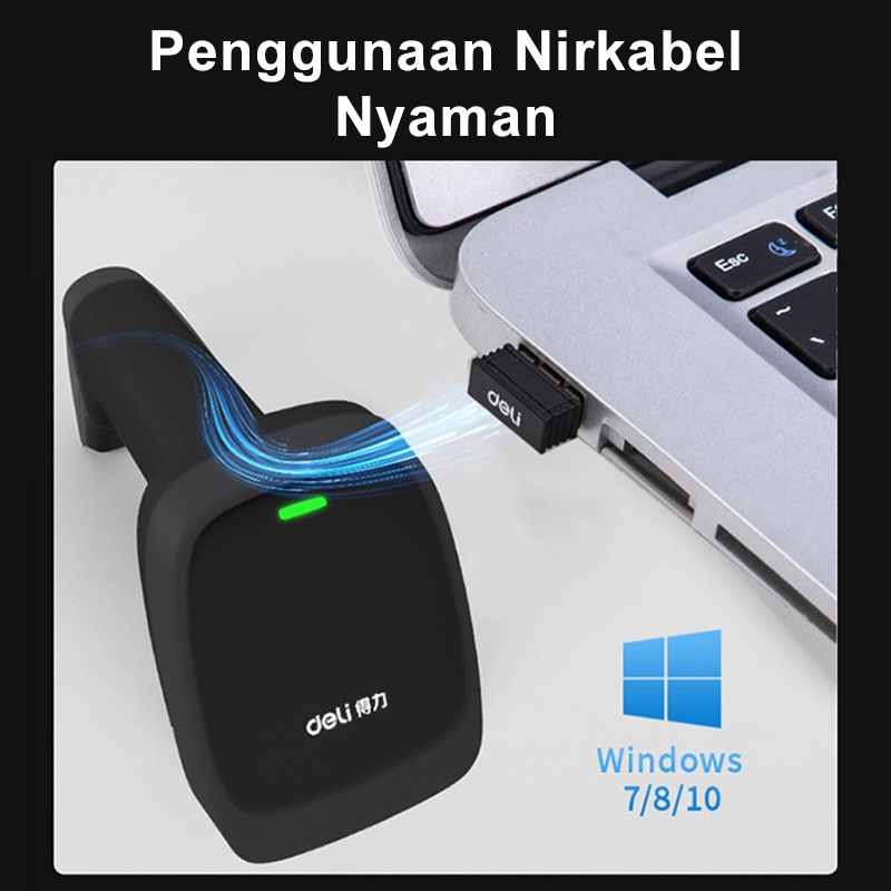 Deli Barcode Scanner Profesional Wireless Transmisi 100m Barcode Scanner Laser 25 Jenis Barcode Tangan Nirkabel Genggam 1D Scanner