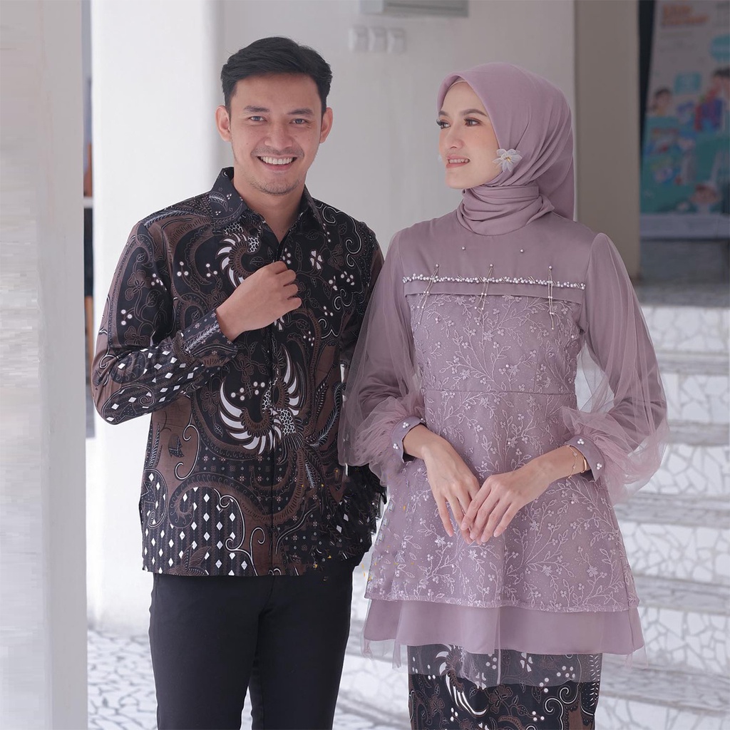 Couple Zeraa mauve Series  - Batik Couple Kebaya Modern Kebaya Wisuda Lamaran Baju Tunangan Batik Brukat Terbaru Baju Couple Tunangan kekinian Kemeja Pria Lengan Panjang Size M L XL