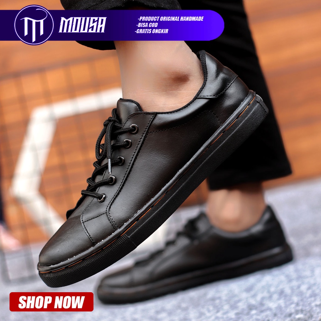 Sepatu Sneakers Pria Casual Kulit Asli  Kerja Kuliah Kondangan Hitam Mousa Fiksi