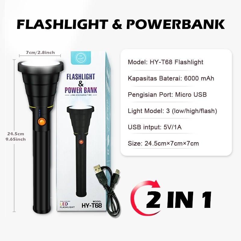 Senter T68 LED Flashlight Dan Powerbank 6000mAh USB Rechargeable Senter Super Terang Jarak Jauh Senter 10.000 Lumens Lampu Berburu Senter Mounting Senter