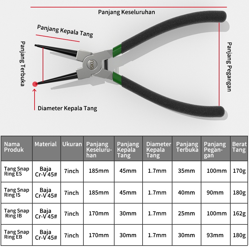 ISKU Tang Snap Ring Circlip Pliers ES IS EB IB CR-V Steel 45# 7'' Multifungsi Tang Internal Lurus / Tang Eksternal Lurus / Tang Internal Melengkung / Tang Eksternal Melengkung