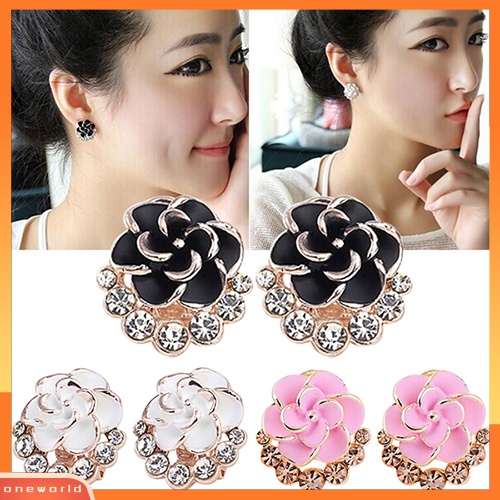 [WONE] Wanita Peony Camellia Bunga Berlian Imitasi Alloy Ear Stud Earrings Perhiasan Pesta