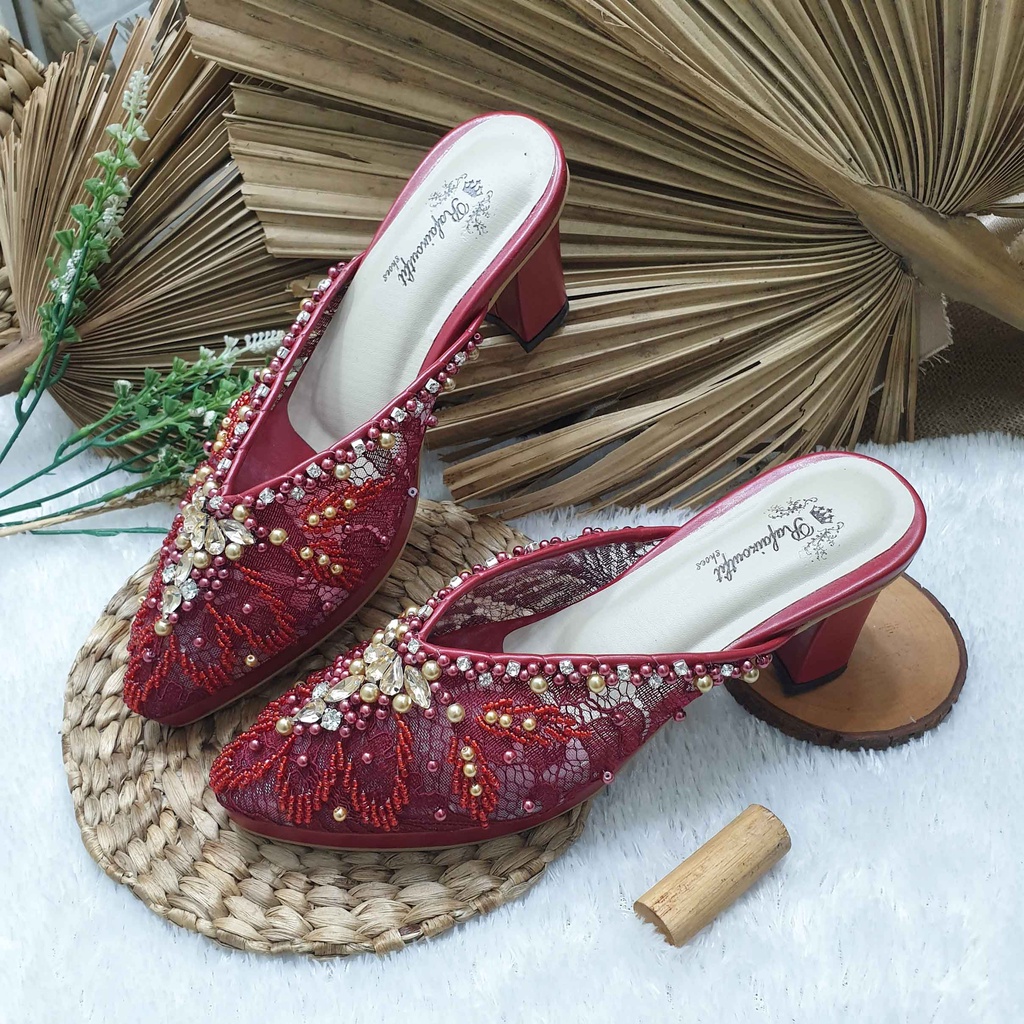 sepatu wedding Alena maroon payet mix gold 7cm