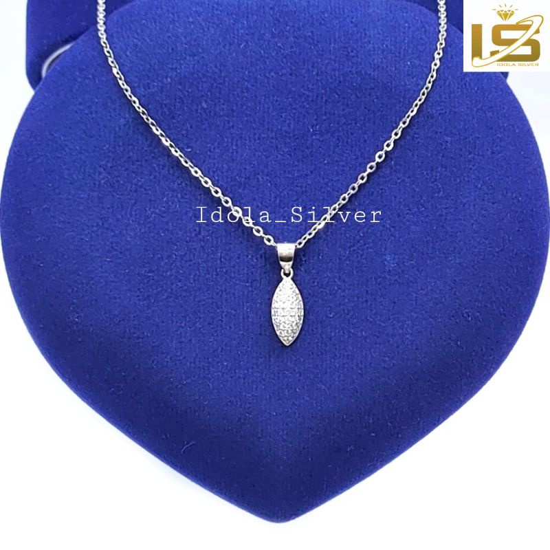 KALUNG PERAK ASLI SILVER WANITA 925 LAPIS EMAS PUTIH MODEL LIONTIN OVAL LONJONG PERMATA - PERHIASAN PERAK WANITA ASLI