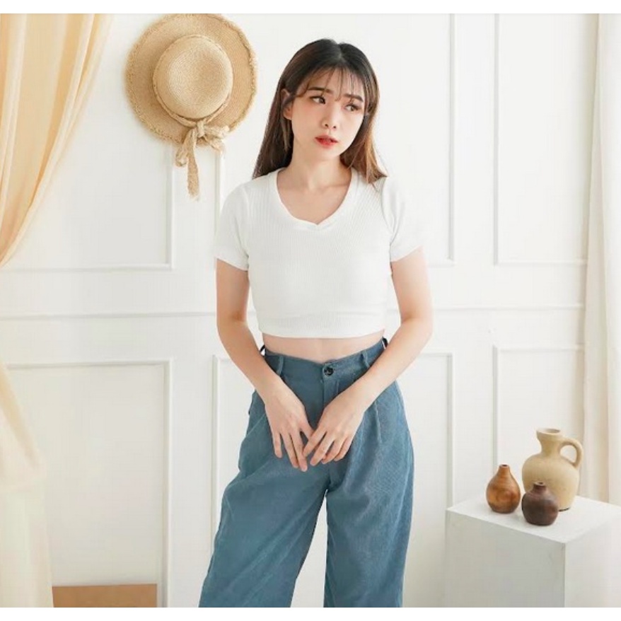 CAVALU Korean V-Neck Knit Crop Top Korea Kaos Rajut 143