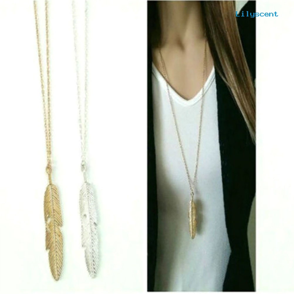 [LS] Kalung Rantai Panjang Liontin Daun Bulu Etsa Vintage Simple Wanita