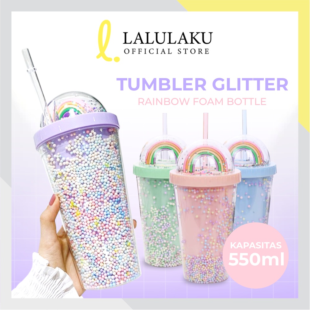 Jual Botol Minum Tumbler Glitter Rainbow Pelangi Foam 550ml Tumblr Gelas Cantik Unik Kado Lucu 3905