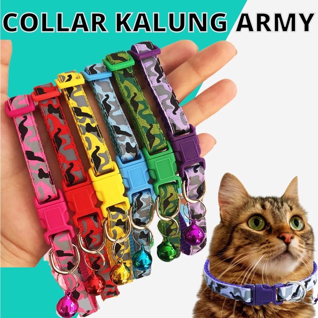 Kalung Collar Kucing Motif Army Dengan Ring Bunyi Bahan Kokoh Adjustable Bisa dibesar Kecilkan