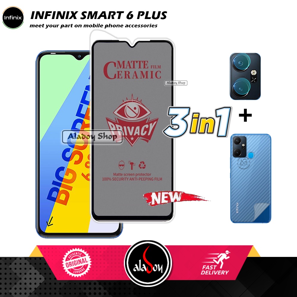 Tempered Glass Anti SPY Infinix Smart 6 Plus Anti Gores Privacy + Tempered Glass kamera dan Skin Carbon