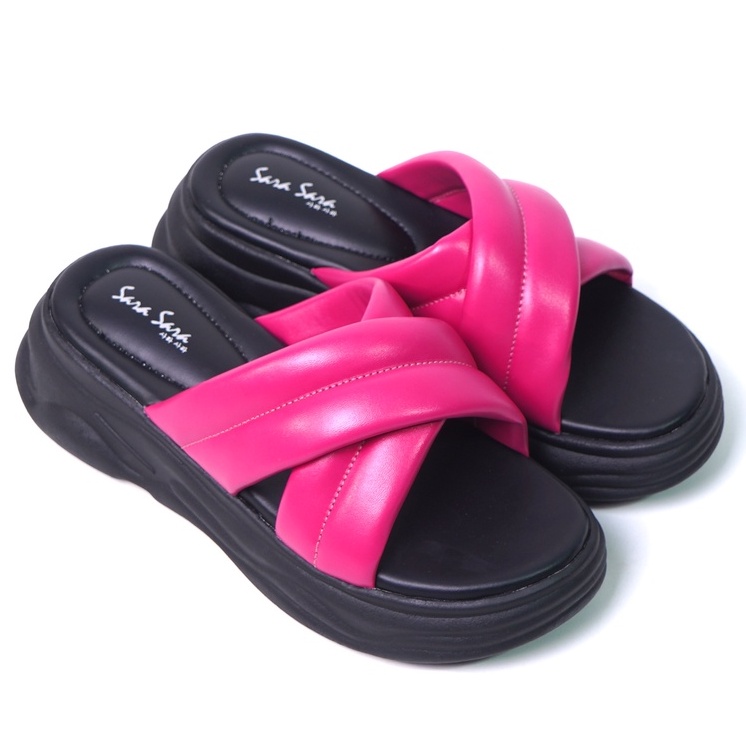 SARASARA YUK - NAGITA Sandal Wanita Wedges Silang Tinggi 5cm Size 36 - 40 Casual Sendal Cewek Platform 37 38 39 untuk Jalan Pergi Santai Slop Warna Pink Fuschia Rumahan Selop Rumah Premium Original Sara Sara Kekinian Terbaru Shoes ORI Mall Official Store