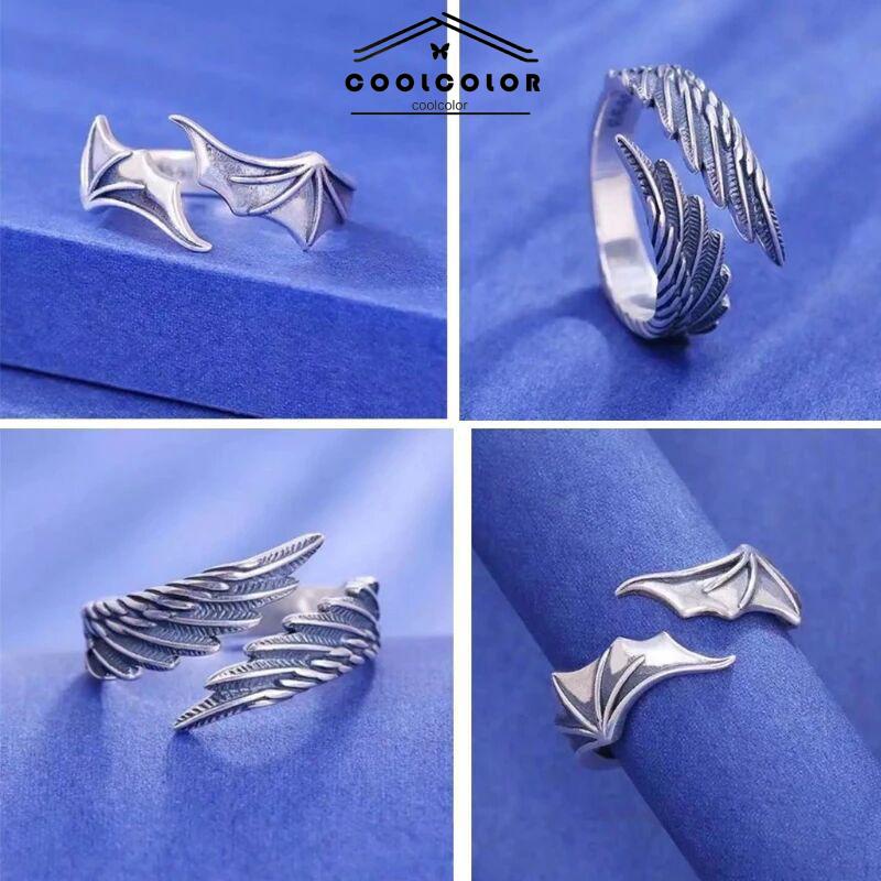 COD❤️Cincin  Titanium Pria Model Terbuka Desain Sayap Malaikat Demons Gaya Vintage Punk Untuk Pasangan Pria Dan Wanita- cl