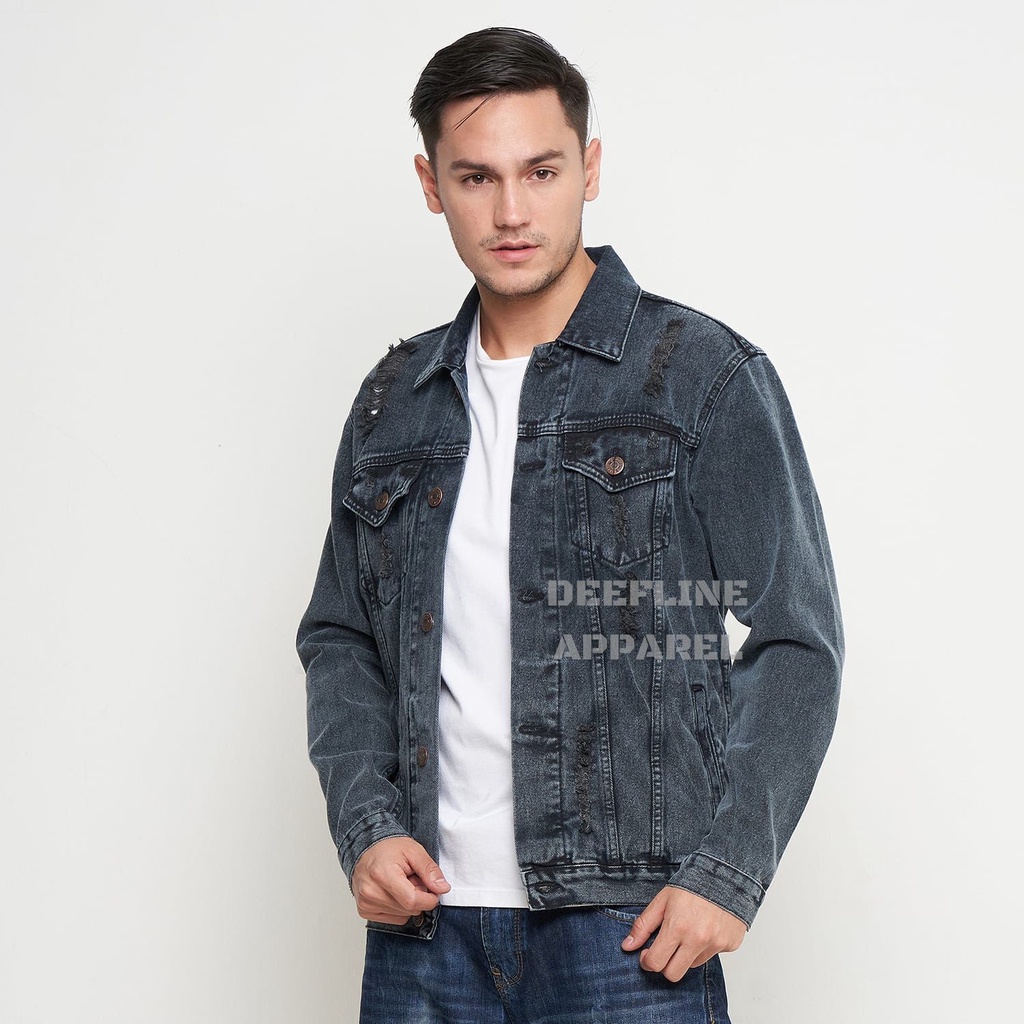 DEEFLINE - Jaket Jeans - Jaket Denim Pria - Jaket Ripped - Black Acid