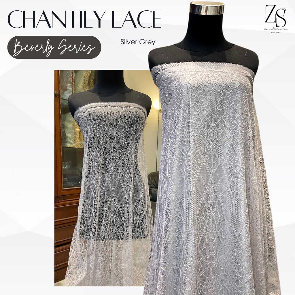 Bahan Kain Kebaya Brokat Brukat Panel Chantily Santily Lace Semi France Semi Prancis Warna Silver