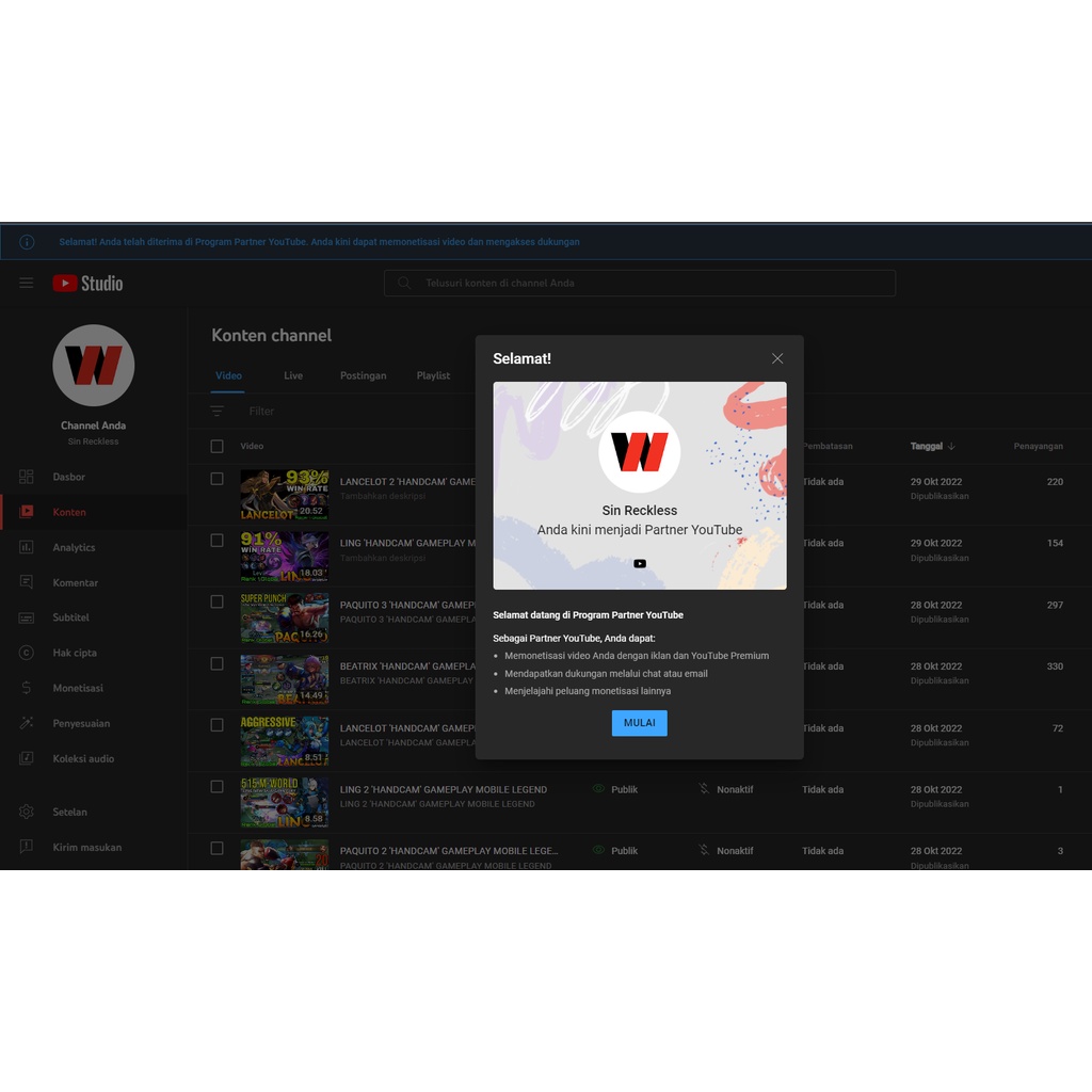 CHANNEL YOUTUBE SUDAH PIN MONETISASI