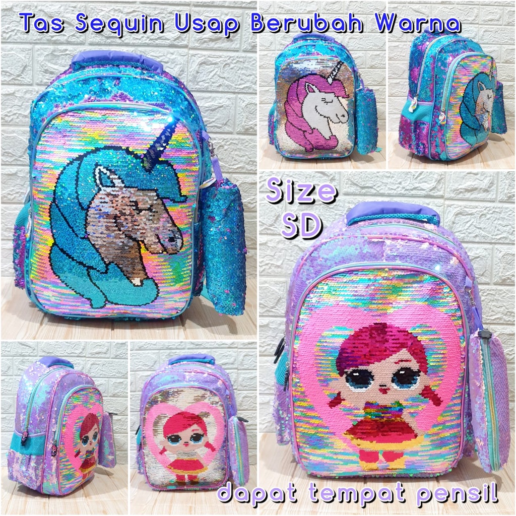 Tas Sekolah Ransel Anak SD Motif Sequin dapat Tempat Pensil Backpack Anak Perempuan Import LOL dan Unicorn SD