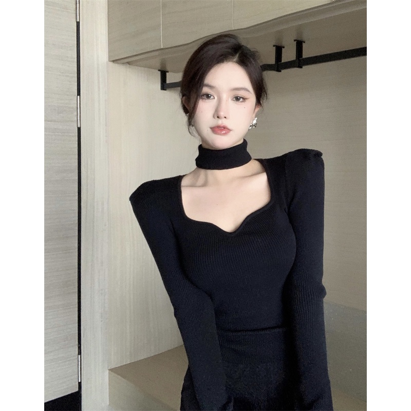 ✸♞∏Suhao keinginan murni rajutan bottoming kemeja wanita musim gugur Perancis retro hot gadis v-neck temperamen slim slim lengan panjang sweater top