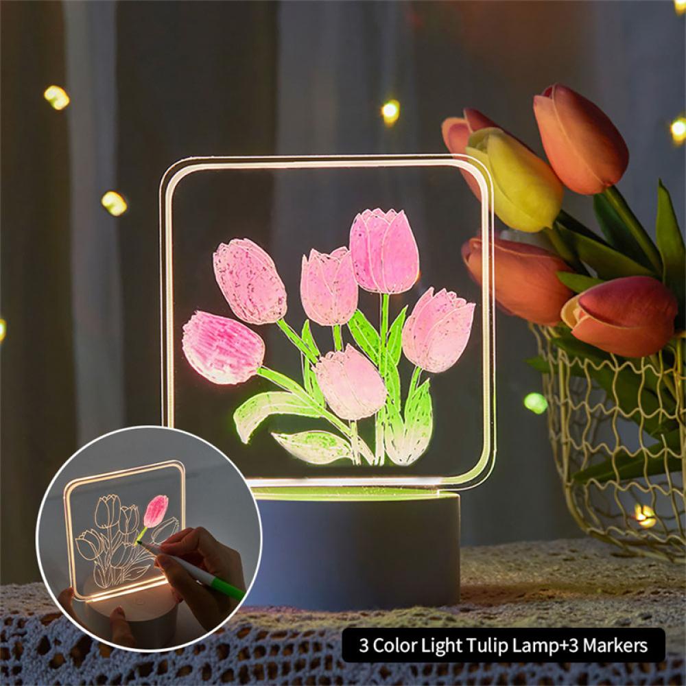 Timekey Acrylic LED Tulip Lampu Malam Bunga Papan Nota Lampu DIY Buatan Tangan Lukisan Tintaging Suasana Bunga Lampu Meja Dekorasi Rumah K7S4