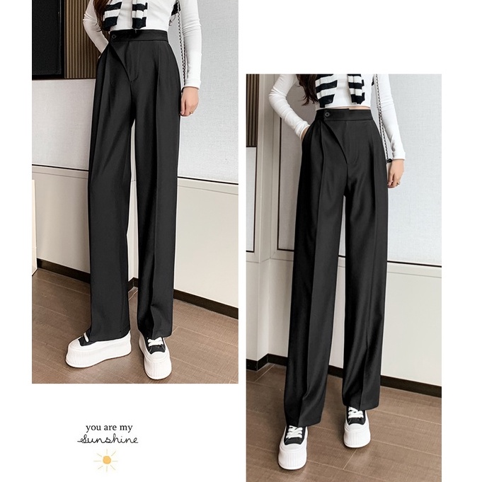 Korea Celana Kulot Hitam Kasual Wanita Loose High Waist Straight Leg Pants Women