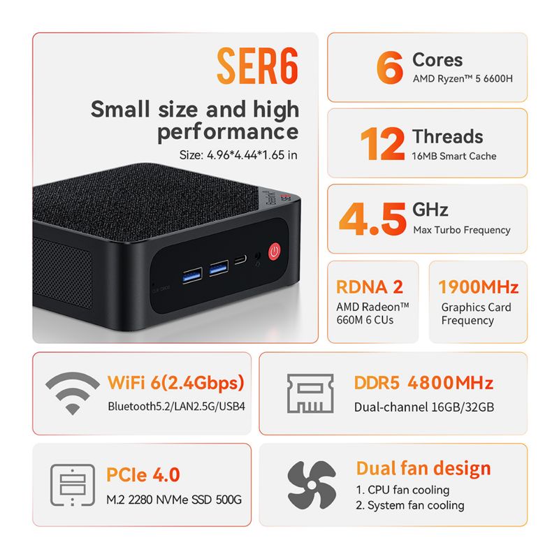 Mini PC Beelink SER6 6600H AMD Ryzen 5 16/500GB Dual HDMI Wifi Windows 11 Pro