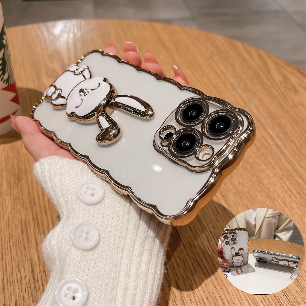 Cute 3D Kelinci Berdiri Untuk iPhone 14 Pro Max Case iPhone 12 13 11promax 14plus Premium Mewah Sepenuhnya Tertutup Perlindungan Shockproof Transparan TPU Soft Back Cover