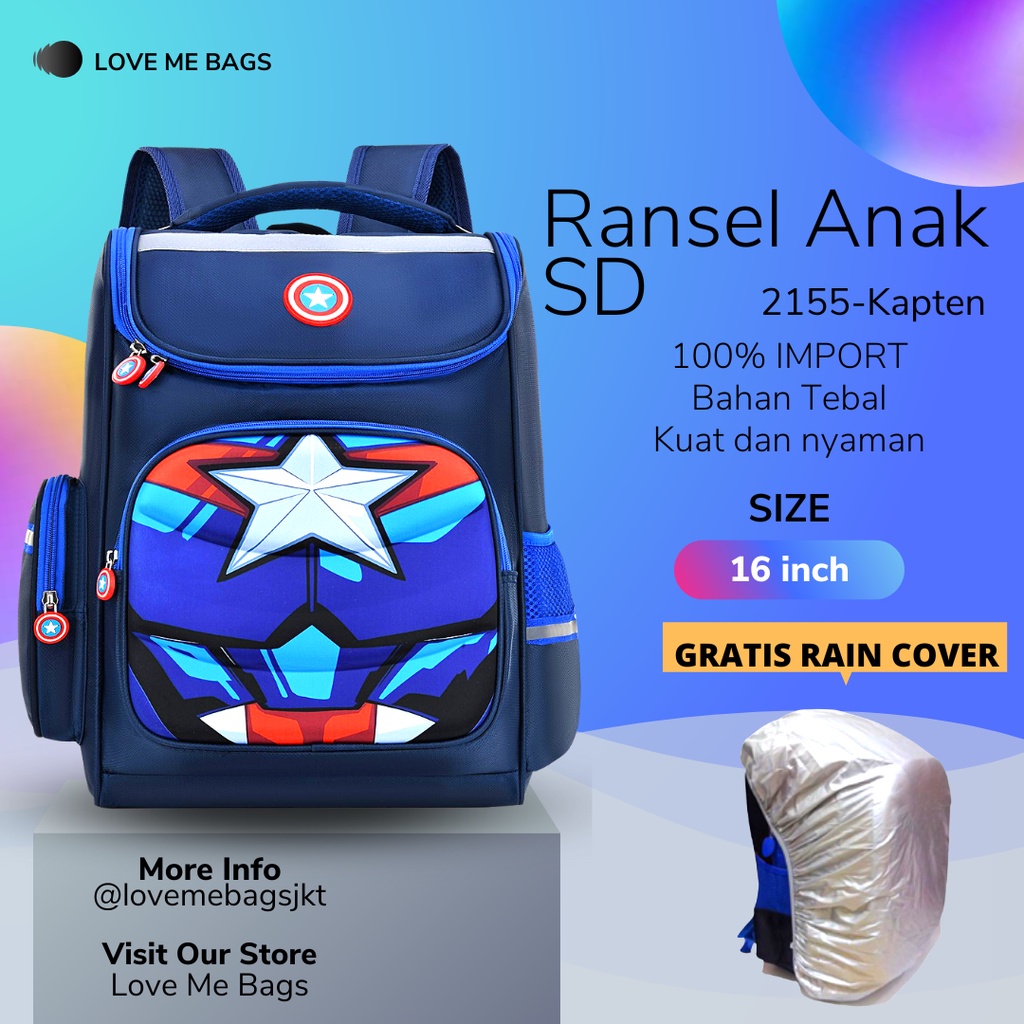 LMB Tas Anak Sekolah Laki Laki SD Import Bahan Nilon Premium Karakter Superhero Timbul 6D Tebal Gratis Raincover