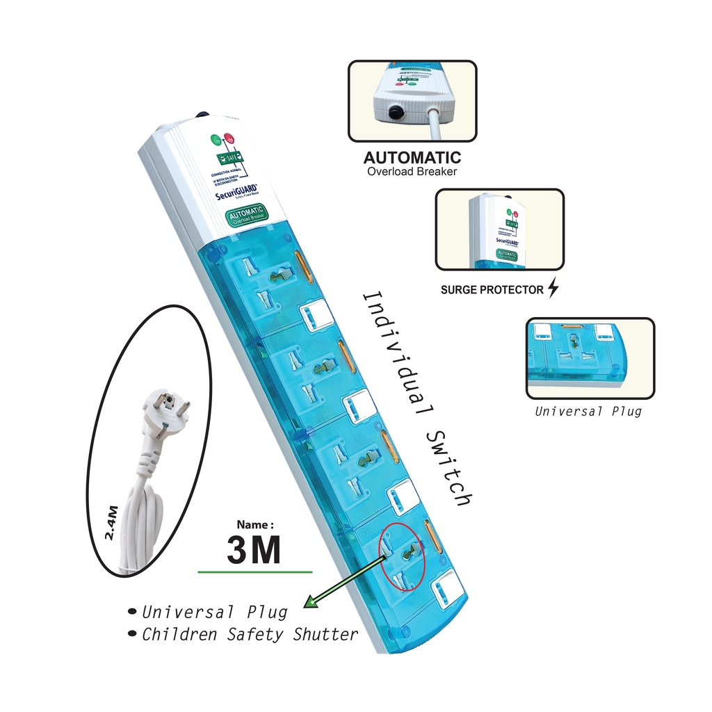 Securiguard steker strip Universal TSP 4 lubang colokan listrik - 3M