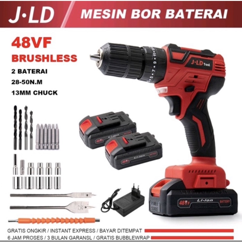 Bor cordless JLD 48v 13mm brushless mesin bor 2 batrei brushless