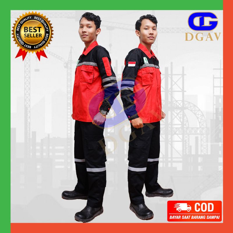wearpack safety baju kerja setelan merah kombinasi hitam