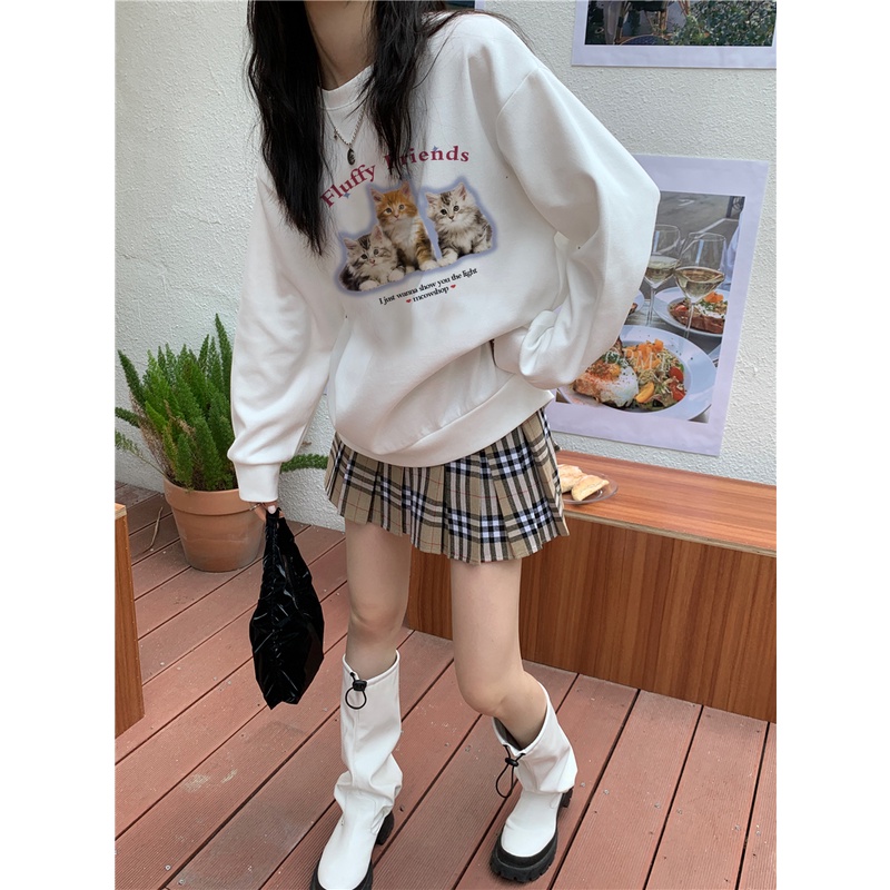 EUNII Sweater Lengan Panjang Three Cute Cat Korean Style/Hoodie Oversize/Baju Wanita/Switer Wanita