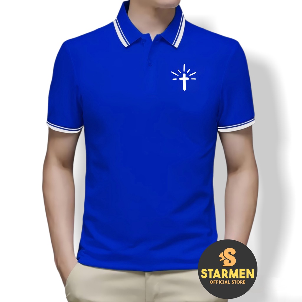 Kaos Polo Shirt Pria Kerah List Putih logo SALIB JESUS B