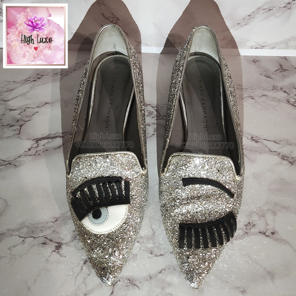 CHIARA FERRAGNI Flirting Silver Glitter Flat Heel ¬Shoes Size 37 Flats Heels ORIGINAL AUTHENTIC Made