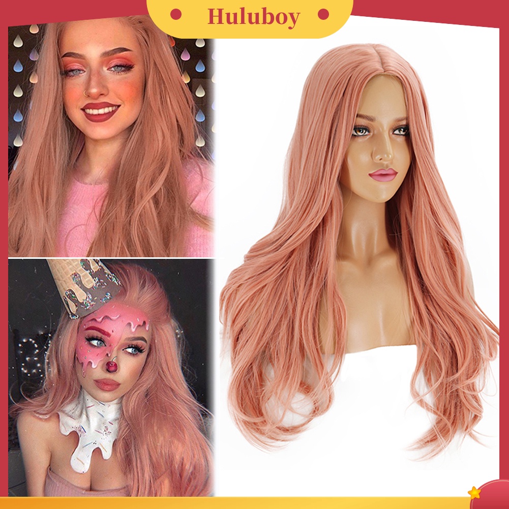 Wig Rambut Sintetis Model Panjang Keriting Warna Pink Untuk Wanita