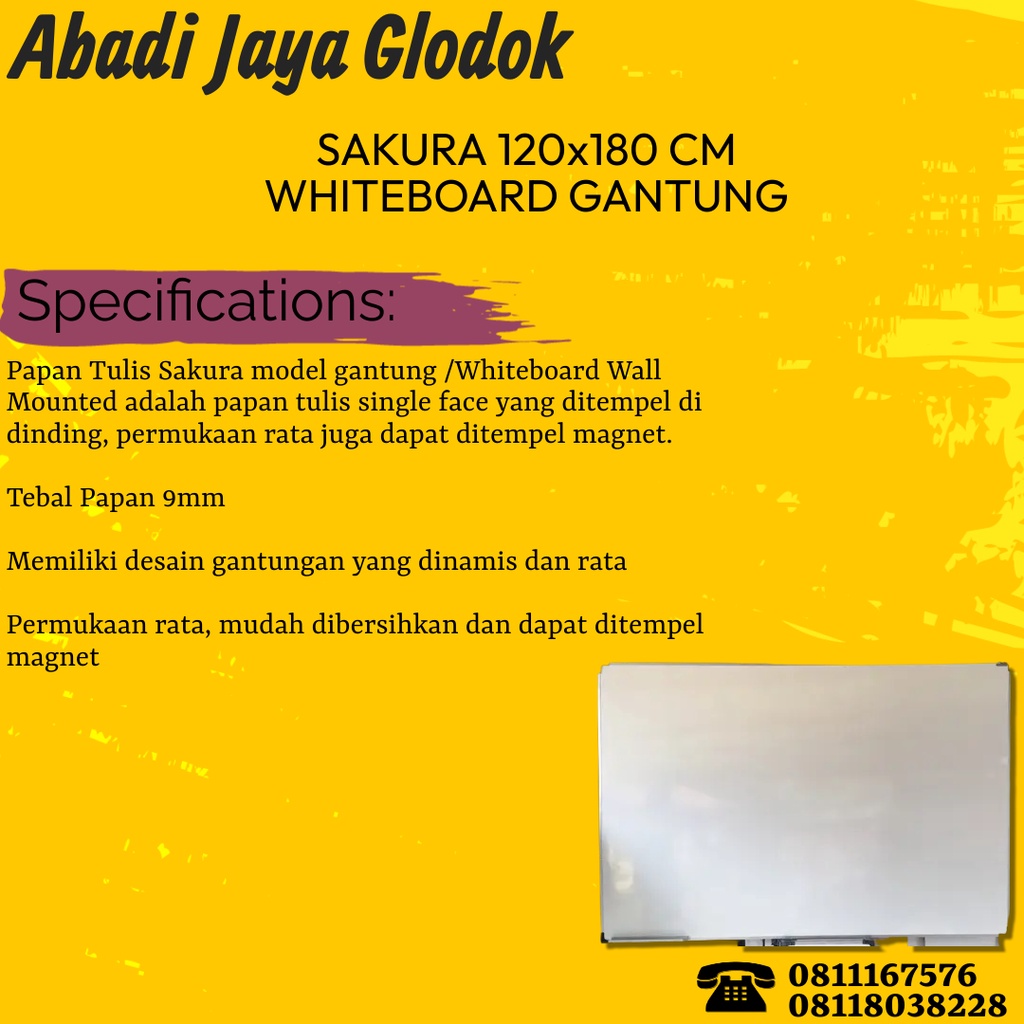 

SAKURA 120 x 180 CM WHITEBOARD GANTUNG