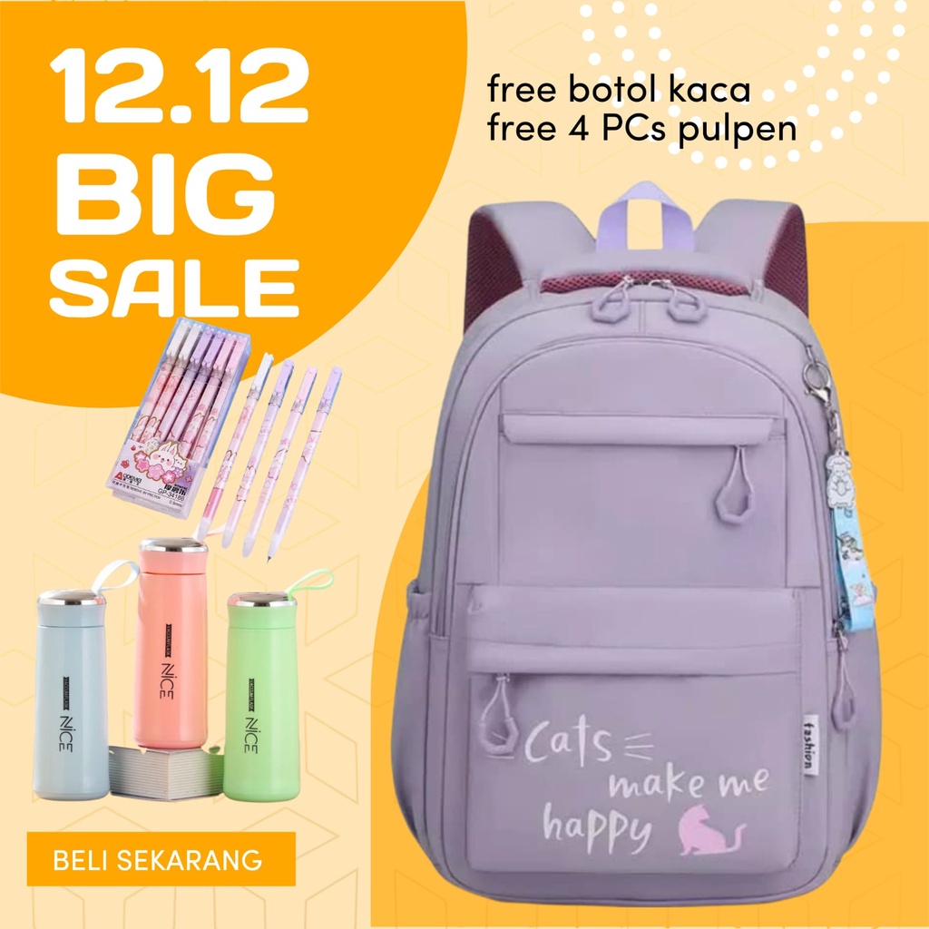 Tas Sekolah Anak Perempuan SD SMP SMA Ransel Kerja ORIGINAL Tas Sekolah Anak Laki-Laki Free Botol Minum Kaca