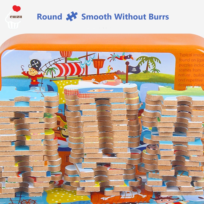 60 Pcs Wooden Jigsaw Puzzle in A Tin | Puzzle Kayu Kotak Kaleng Besi 60 Keping Tinbox | Puzzel 60pcs Hewan Binatang Dinosaurus Transportasi Kendaraan Kartun Lucu | Mainan Edukatif Edukasi Anak