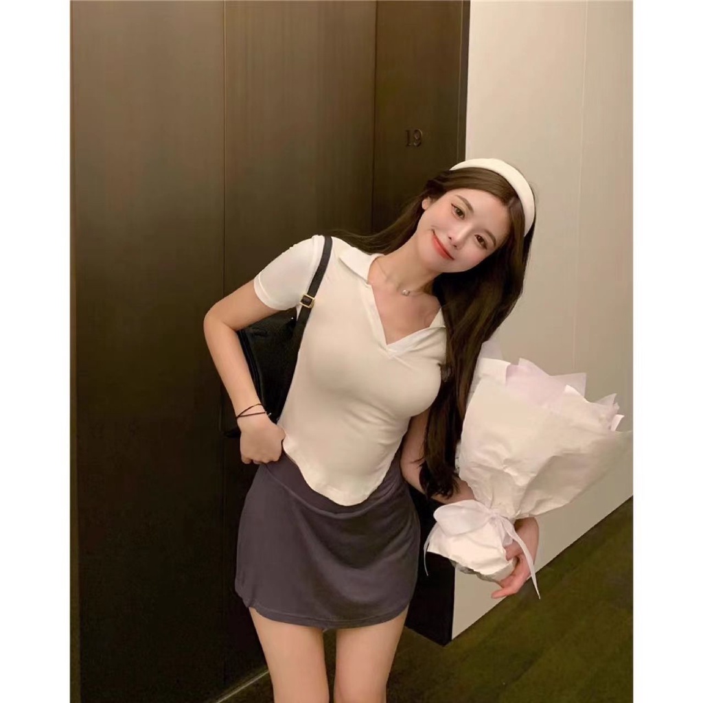 ♠Suhao Musim Panas Baru V-Leher Lengan Pendek Wanita Hot Girl Top Rasa Desain Pendek Kemeja Pendek Slim Chic T-shirt Tipis