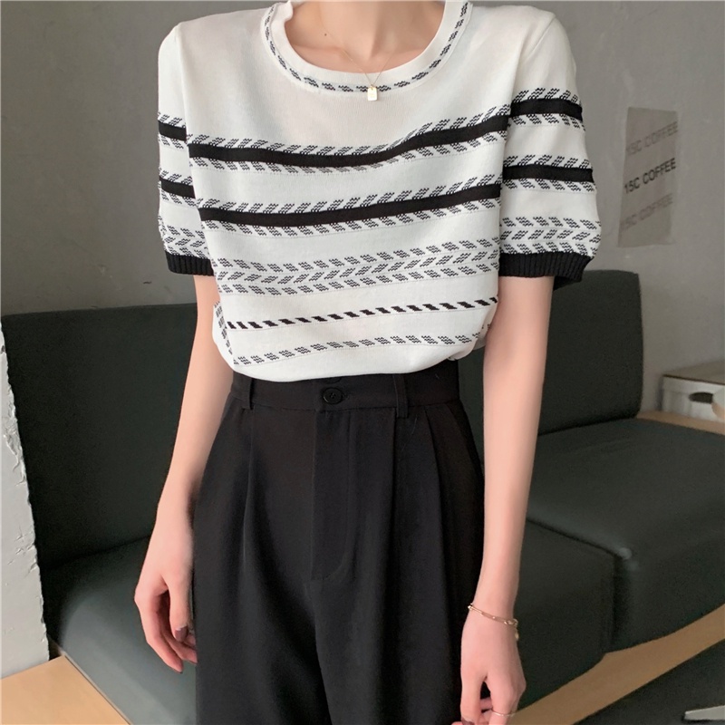 korean style stripe import kekinian kaos Lengan pendek Knit/baju atasan wanita